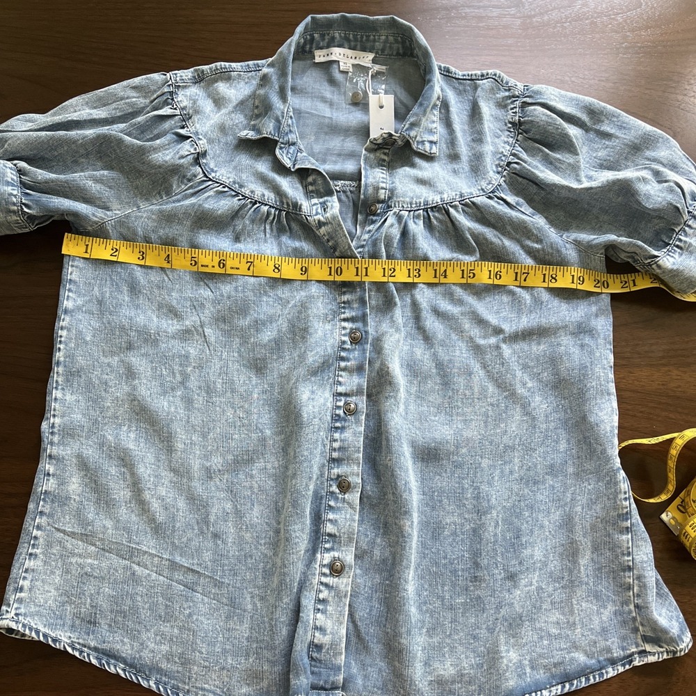 Women's Chambray Blouse XS Short Sleeve Denim Blue Puff Sleeve Bohemian Prairie - Picture 6 of 10